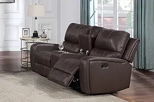 New Classic Furniture Linton Leather Console Loveseat with Dual Recliners, Brown