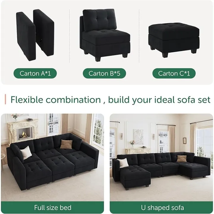 HONBAY Sectional Sleeper Sofa Velvet Modular Couch with Storage 6 Seat Sofa Bed for Living Room, Black