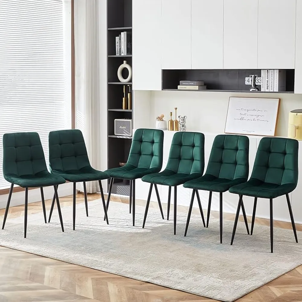NORDICANA Forest Green Velvet Dinner Chairs Set of 2, Modern Armless Biscuit Tufted Dining Side Chairs with Metal Legs for Kitchen Living Room Vanity