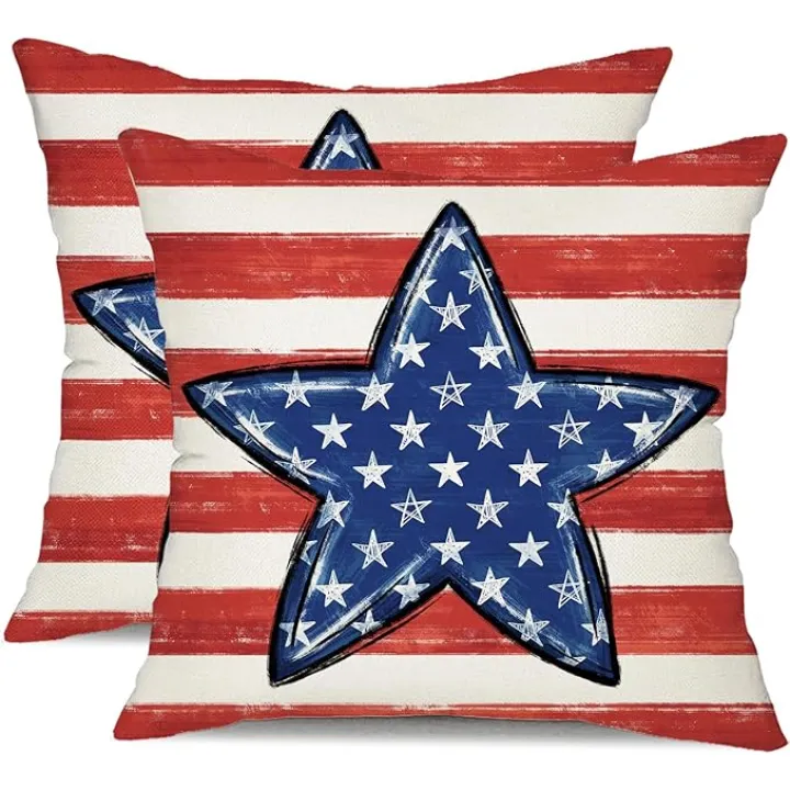 DFXSZ 4th of July Pillow Covers 20x20 inch Set of 2 Blue Big Stars Decor Red White Stripe Throw Pillow Cover Independence Day Decorative Cushion Cases for Home Sofa Couch Chair Living Room 112C