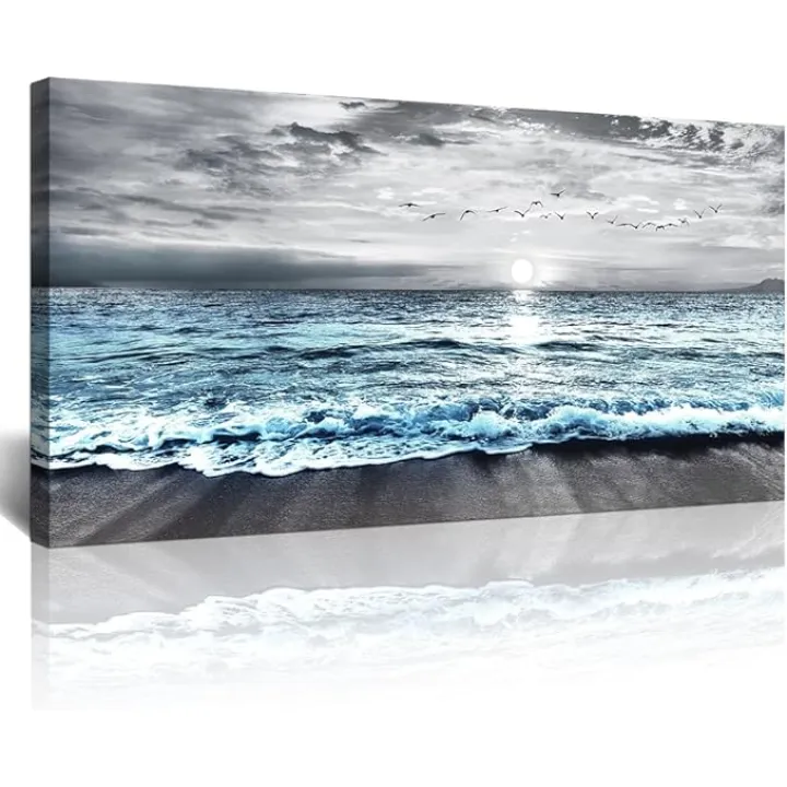Lapremoly Black And White Beach Wall Painting Canvas Wall Art For Living Room Large Wall Decor For Bedroom Office Wall Decorations Blue Ocean Sea Wave landscape Pictures Artwork Posters Home Decor