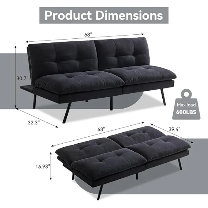 Hcore Polyester Memory Foam Convertible Futon Sofa Bed, Small Splitback Loveseat, 68" L x 32.3" W x 30.7" H, Black