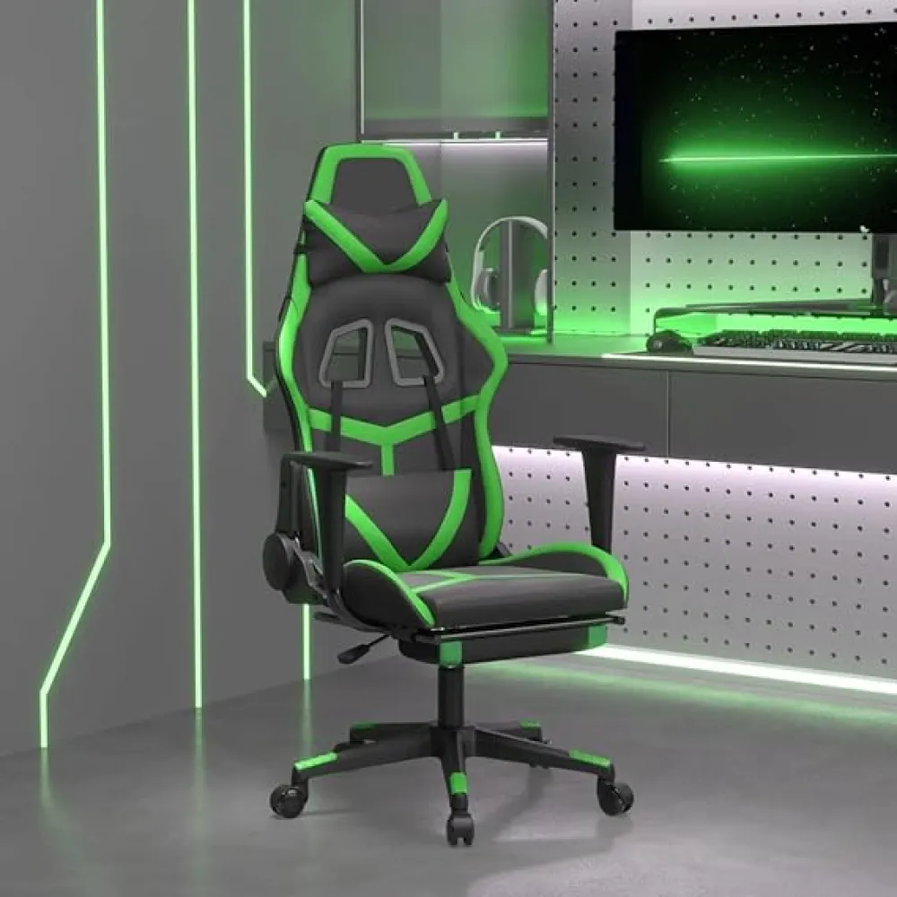 Computer Chair Reading Chair Ergonomic Office Chair Massage Gaming Chair with Footrest Black&Green Faux LeatherSuitable for Bedroom, playroom, Study