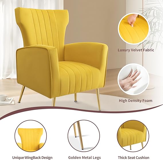 Velvet Accent Chair with Arms, Single Sofa Chair with Wing Back,Upholstered Chair for Living Room,Bedroom,Yellow