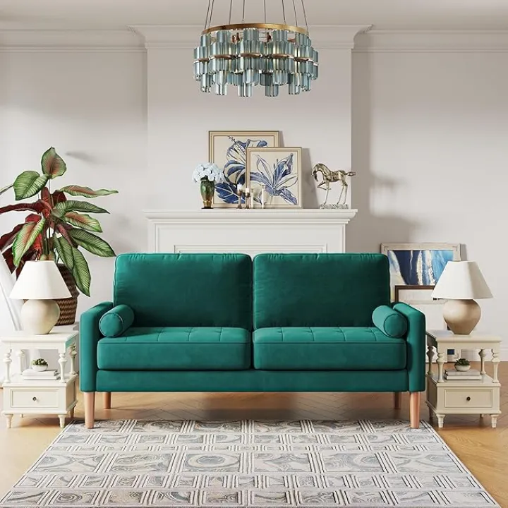 67" Velvet Couch & Modern Loveseat Sofa for Living Room Bedroom Home Office Small Space Apartment,Button Tufted Cushion,2 Seater,Wood Legs,2 Pillows (Green)