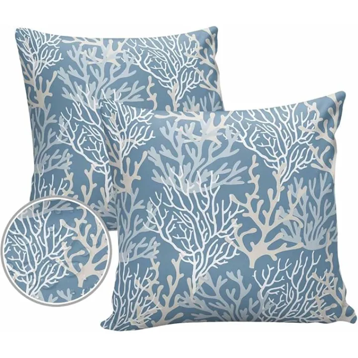 Pack of 2 Outdoor Pillow Covers 18x18 Waterproof Blue Coral Coastal Throw Pillow Covers, Decorative Pillowcases Nautical Ocean Marine Organism Cushion Covers for Patio Garden Couch Pillow Case