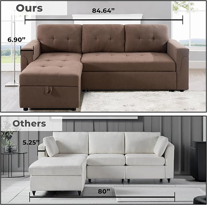 Naomi Home Jenny Sectional Sofa Sleeper with Storage Chaise Tufted Pull Out Couch with Storage Sectional Sofa Bed L - Shaped Reversible Sleeper Storage Mocha Velvet