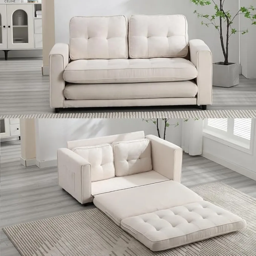 Modern Velvet Futon Couch Sofa, Convertible Folding Floor Sofa Bed Loveseat Sleeper,Velvet Pull Out Sleeper Sofabed, 3 in 1 Love Seat, Small Couch for Living Room,Office,living Room (Beige)