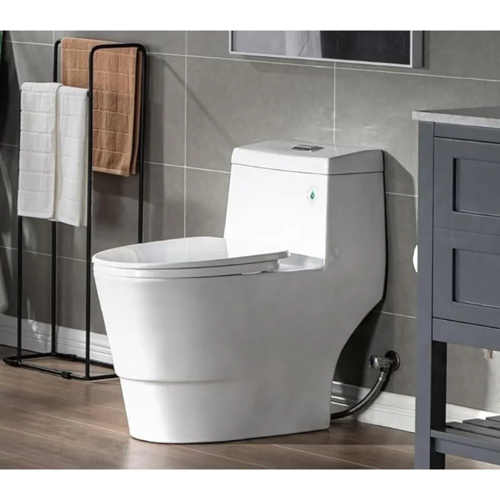 WOODBRIDGEE One Piece Toilet with Soft Closing Seat, Chair Height, 1.28 GPF Dual, Water Sensed, 1000 Gram MaP Flushing Score Toilet with Mattle Black, White,B0940-F-MB
