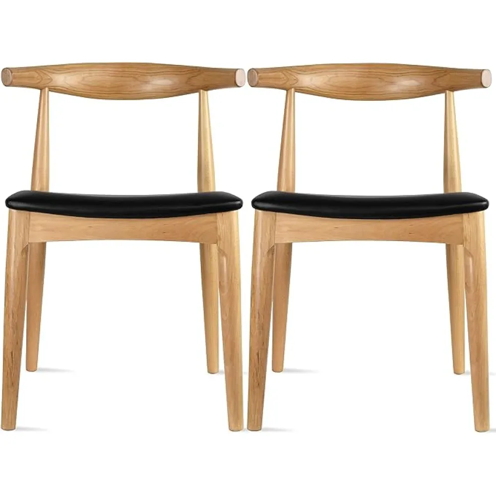 2xhome Set of 2 Solid Wooden Dining Chairs | Upholstered Faux Leather Cushioned Seat | Modern Farmhouse Elbow Side Chair | Home, Kitchen, Office, Meetings (Natural)