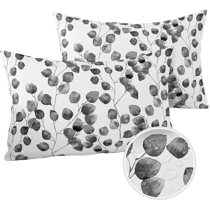 Grey Leaves Outdoor Pillow Cover 12x20 Inch Cushion Sham Case, Waterproof Decorative Lumbar Throw Pillowcase for Outside Garden Patio Porch Couch Chair Tent Vintage Autumn Plant Watercolor