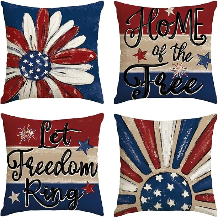 AVOIN colorlife Let Freedom Ring Stars Fireworks Red White Flower Throw Pillow Covers, 18 x 18 Inch 4th of July Patriotic Independence Memorial Day USA Flag Cushion Case for Sofa Couch Set of 4