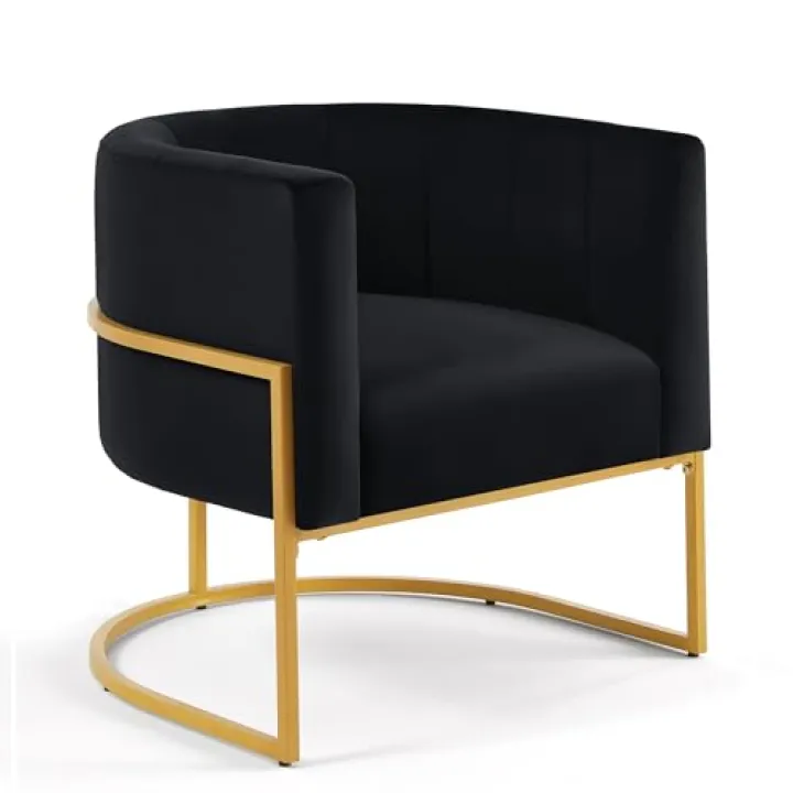 Ufurpie Modern Velvet Armchair with Golden Metal Stand, Barrel Accent Chair for Living Room, Bedroom, and Club, Black