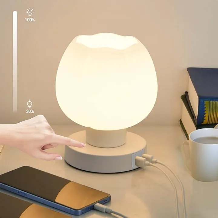 Touch Bedside Lamp, Mini Stepless Dimmable Table Lamps for Bedroom for Night Stands, Small Desk Lamp with Brightness Memory, USB Charging Ports, Warm LED Bulb, White, Flower Shape, 1 Set