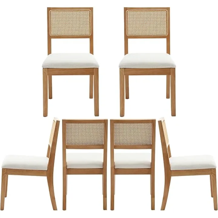 Westice Rattan Dining Chairs Set of 6, Farmhouse Natural Dining Room Chairs with Upholstered Cushion, Wood Armless Chairs for Kitchen/Restaurant, Black