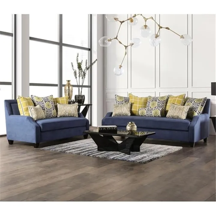 BOWERY HILL Fabric Upholstered Track Arm 2-Piece Sofa Set in Navy