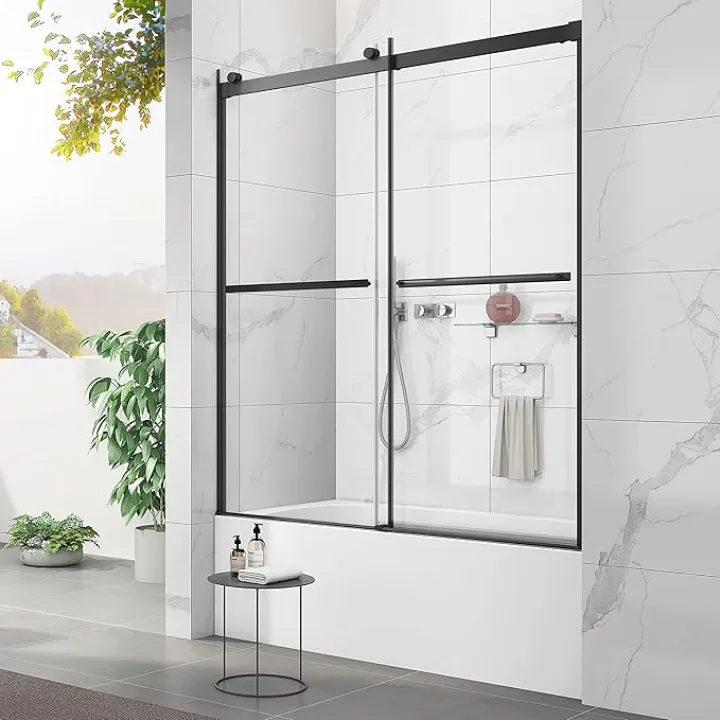 Sunrosa Tub Shower Door 60"×60", Double Sliding Bathtub Door, Frameless Tub Door with Tempered Glass, Glass Shower Door for Bathtub in Matte Black II