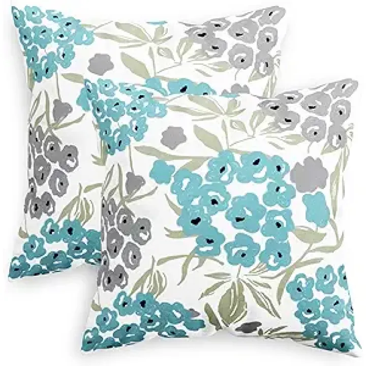 CaliTime Throw Pillow Cases Pack of 2 Cozy Fleece Three-Tone Cute Flower Floral Leaves Decorative Cushion Covers for Couch Bed Sofa Farmhouse Decoration 18 X 18 Inches Turquoise Blue Sage Grey
