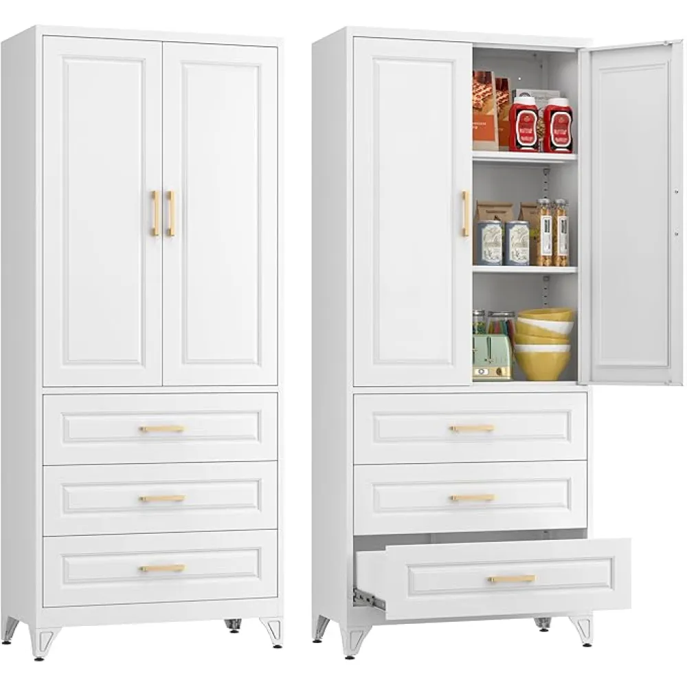 Kitchen Pantry Cabinet, 60 Inch Tall Pantry Storage Cabinet with Doors and Adjustable Shelves, Metal Storage Cabinet with Golden Handles for Dining, Living Room, Assembly Required, White
