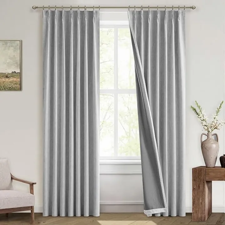 MIULEE Linen Pinch Pleated 100% Blackout Curtains for Bedroom 96 Inches Long 2 Panels Set - Back Tab Track Thermal Insulated Black Out Pleat Light Blocking Window Drapes for Living Room, Light Grey