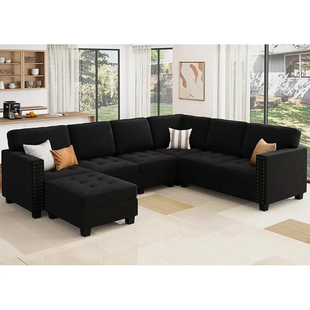 HONBAY Velvet Convertible Sectional Sofa L Shaped Couch with Storage Ottoman Corner Sectional Couch with Reversible Chaise, Black