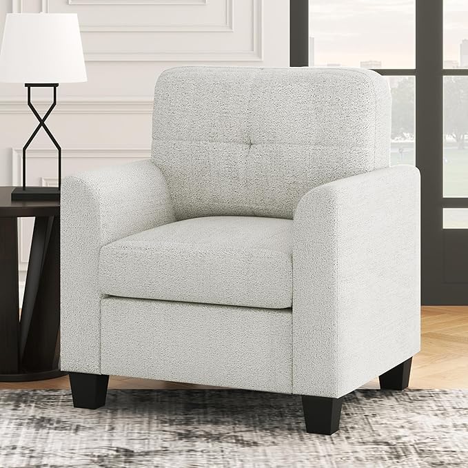 LZ LEISURE ZONE Accent Chair, Mid Century Modern Accent Chair, Cozy Armchair with Button Tufted Back and Wood Legs, Comfy Accent Chairs for Living Room, Bedroom, Office, Beige