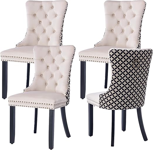 HMFULE Velvet Dining Chairs Set of 4, Upholstered Tufted Dining Room Chair with Silver Nailhead Trim, Solid Wood Leg and Back Ring Pull for Kitchen Living Room (Velvet Beige and Patterned)