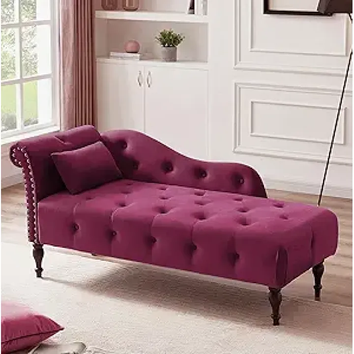 60.6" Modern Velvet Chaise Lounge Indoor,Upholstered Lounge Chair with Nailhead Trimmed and Solid Wood Legs,Sleeper Lounge Sofa for Living Room,Bedroom,Apartment,Office(Burgundy)