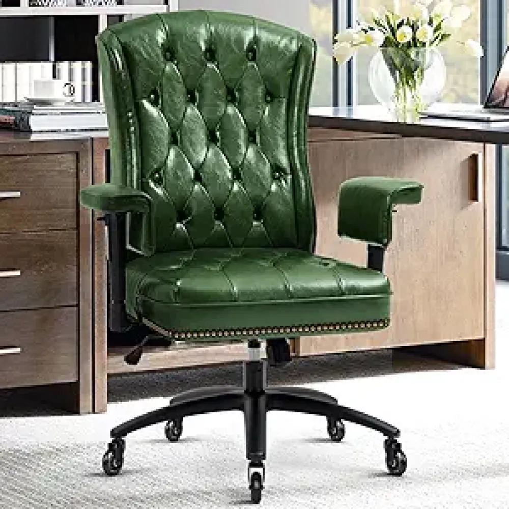YAMASORO PU Leather Ergonomic Office Chair with Wheels and Arms,Executive Desk Chairs Comfortable Rocking Task Chairs Tufted Back & Nailhead Trim, Green