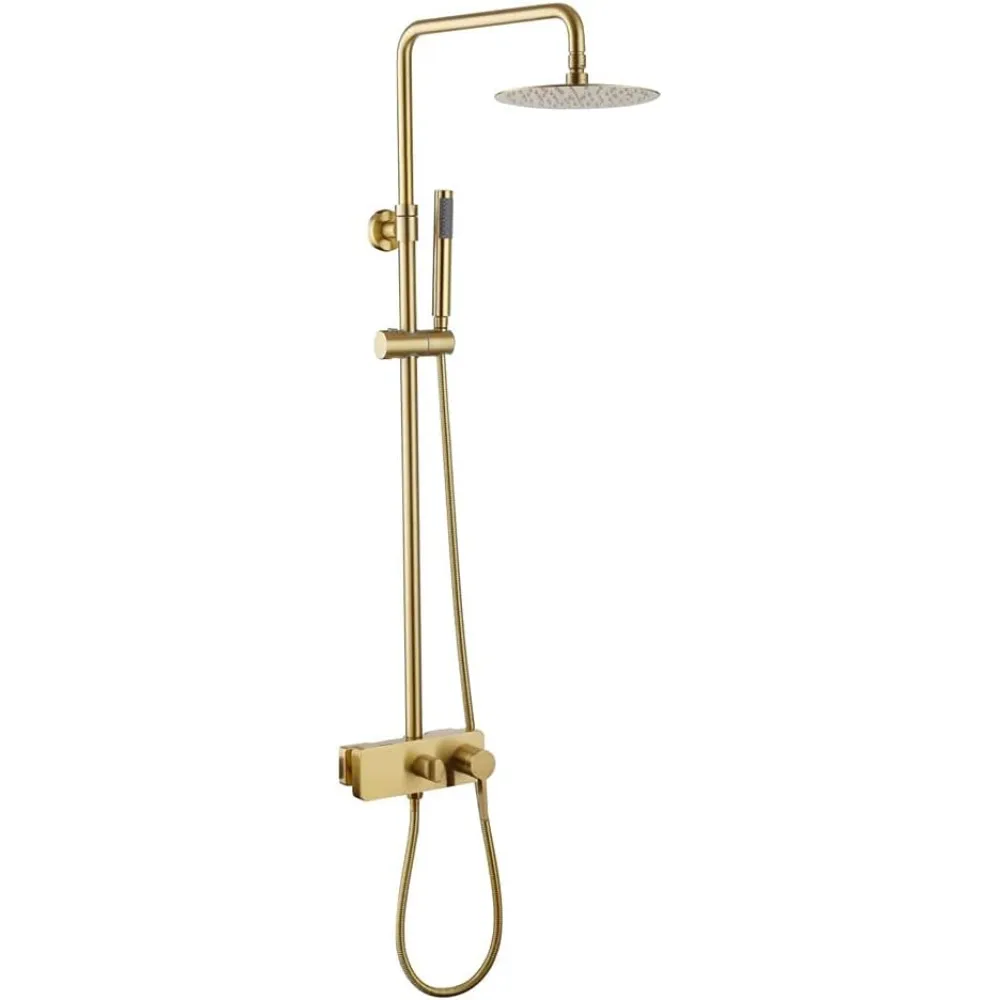 Brushed Gold Rain Shower System with Waterfall Spout, Wall Mounted High Pressure Shower Faucet Set with Rain Shower Head and Hand-Held Shower Heads