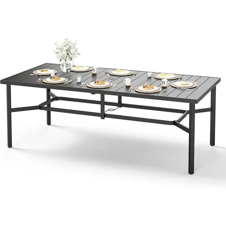 HERA'S HOUSE Patio Table, 8 Person Outdoor Dining Table with Umbrella Hole, Rectangle Black Metal Table for Lawn Garden Backyard Restaurant