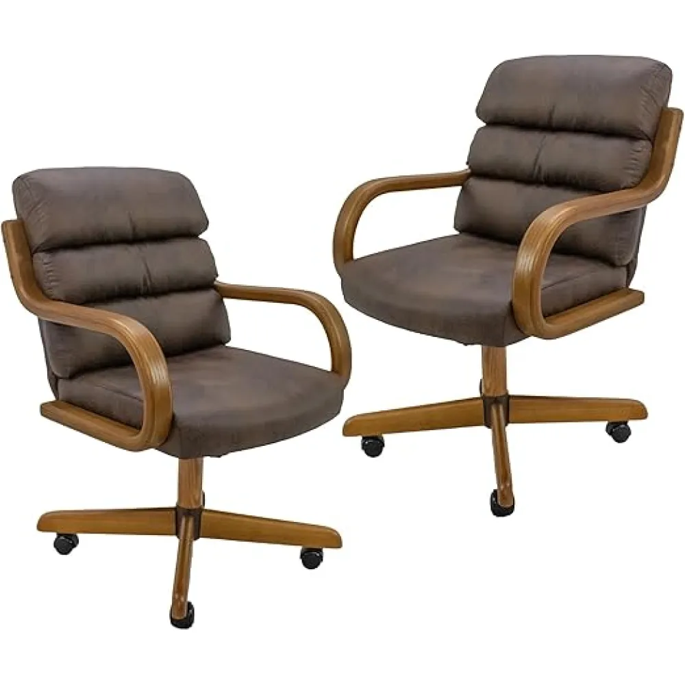 Chromcraft Douglas Set of 2 Casual Dining Chairs Classic Swivel Tilt Fabric Dining Chairs with Casters, Wooden Arm Metal Pedestal Base Chairs with Rolling Wheels for Kitchen & Dining Room