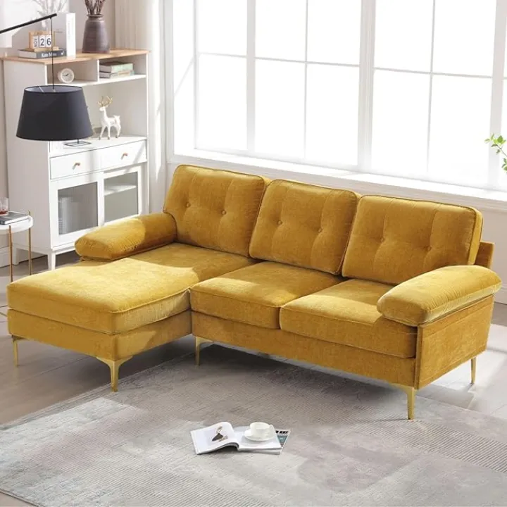 Apicizon Yellow Couch L-Shaped Sofa Convertible Sectional Sofa Couch with Tufted Cushion, 3 Seater Sofa for Living Room Apartments, Chenille