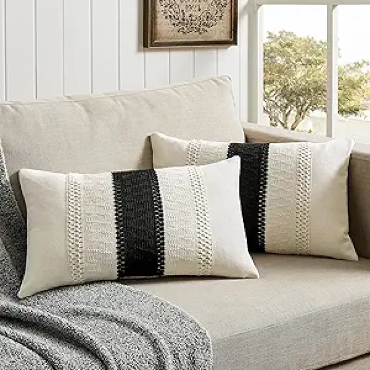 ZeeMart 2 Packs Cotton Boho Lumbar Throw Pillow Covers 12x20 Inch Contrast Black, Soft Farmhouse Decorative Couch Pillow Cases Black Cushion Covers for Sofa Bed Living Room Home Decor