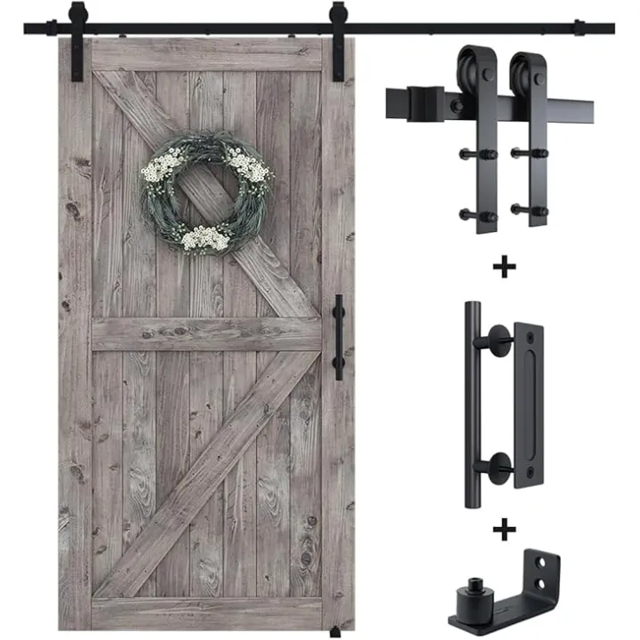 SMARTSTANDARD 6.8FT Sliding Barn Door Hardware Kit (Include 6.8ft Track Kit & Pull Handle Set & Floor Guide), Smoothly and Quietly, Easy to Install, Fit 36"-40" Wide Door Panel (J Shape)