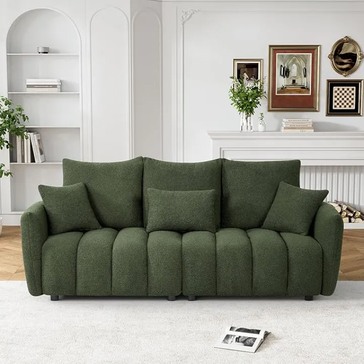 OUYESSIR Sofa Cloud Couch, 80.2" Modern Comfy Teddy Sofa Deep Seat Futon Couch with Pillows, Soft Upholstered 3 Seater Sofa Oversized Loveseat Sofas for Living Room, Apartment, Green