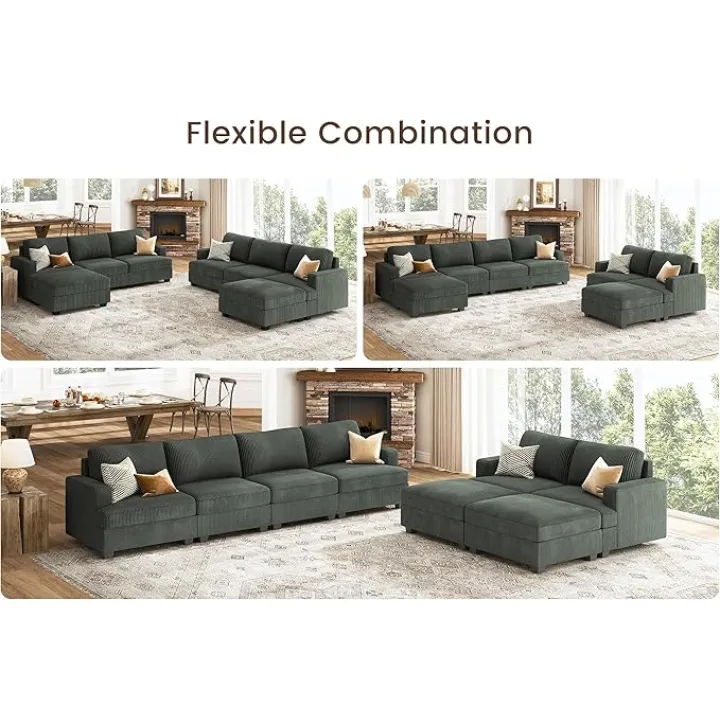 Nolany Sectional Couch with Storage Ottoman, Corduroy Sleeper Sectional Sofa with Chaise, Modular Sectional Couches for Living Room, Green