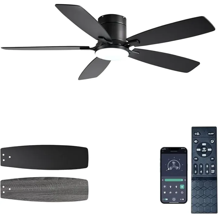 Ceiling Fans with Lights, 52 inch Low Profile Ceiling Fan with Light and Remote Control, Flush Mount, Reversible Motor, Dimmable, Noiseless, Black Ceiling Fan for Bedroom, Indoor/Outdoor Use