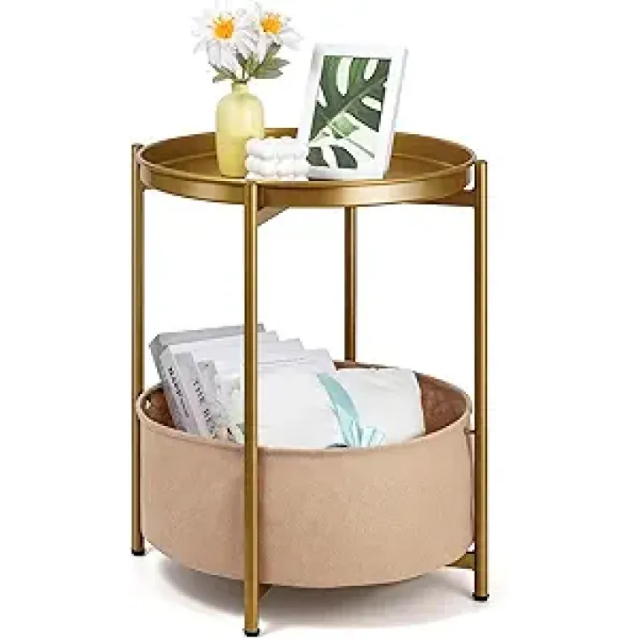 Round Side Table, Gold End Table with Storage Basket, Metal Night Stand with Removable Tray, Small Bedside Table for Living Room, Bedroom, Nursery (Gold)