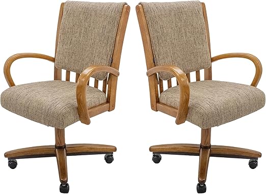 Chromcraft Set of 2 Caster Swivel Tilt Dinning Chairs, Classic Casual Wooden Frame Metal Pedestal Base Chairs with Rolling Wheels for Kitchen(Bamboo Friar-Chestnut)