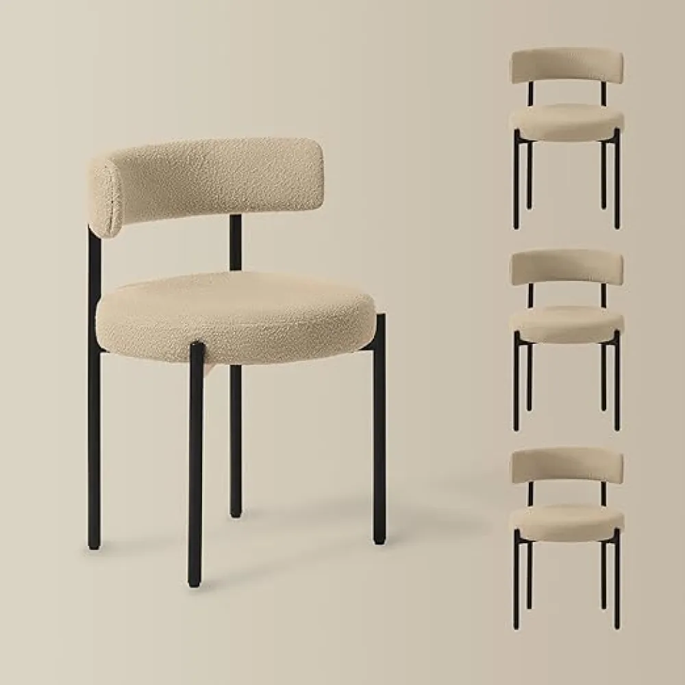 Boucle Dining Chairs Set of 4, Beige Dining Chairs with Upholstered Seat and Round Back, Mid-Century Modern Kitchen Chairs for Dining Room, Restaurant