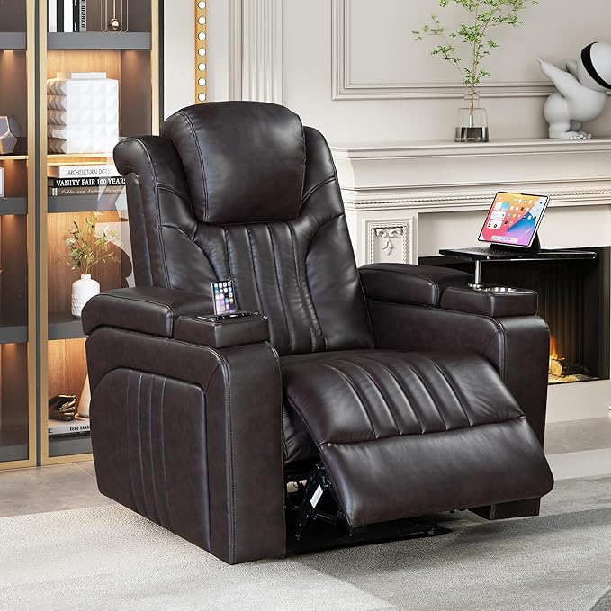 Merax PU Leather Power Recliner Home Theater Recliner with Power Adjustable Headrest, Wireless Charging Device, USB Port, Storage Arms, Cup Holder and Swivel Tray Table for Living Room, Brown