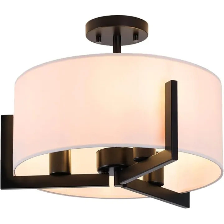 16 inch Semi Flush Mount Ceiling Light: 3-Light Black Modern Light Fixtures Ceiling Mount with Drum Fabric Shade, Close to Ceiling Lamp for Bedroom, Kitchen, Entryway (Bulb Exclude)