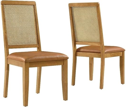 Modway Arlo Wood and Faux Rattan Dining Chairs Set of 2 in Natural Natural Tan - Modern Farmhouse Accent Chairs - Vegan Leather Upholstered Chairs for Dining Room