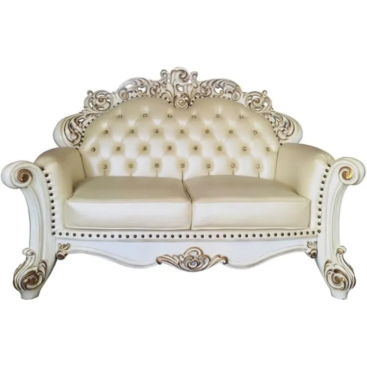 HomeRoots 515713 70 in. Champagne & Pearl Faux Leather Love Seat Sofa & Toss Pillows