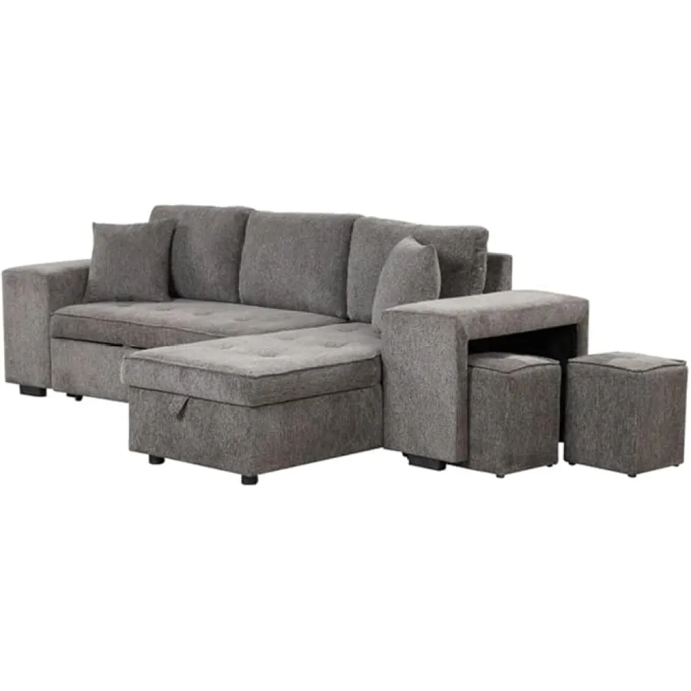 L-Shape 3 Seat Reversible Sectional Couch, Pull Out Sleeper Sofa with Storage Chaise and 2 Stools for Living Room