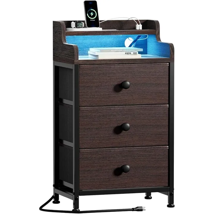 REAHOME Nightstand with Charging Station, Tall Brown Night Stand with 3 Drawers and 2-Tier Shelf, Bedside Table with Sturdy Steel Frame Wood Top for Bedroom, Living Room, Hallway- Brown