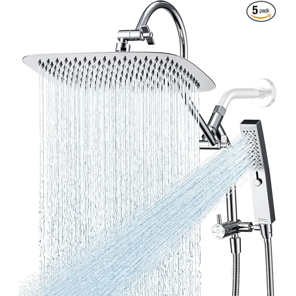 G-Promise All Metal 12 Inch Shower Head with Massage Mode Handheld, Rain Shower Head with Handheld Spray Combo, 3-Way Diverter with Pause Setting, 13 Inch Adjustable Extension Arm (Chrome)