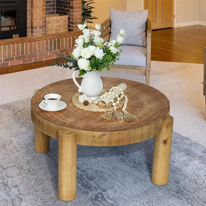 Round Wood Coffee Table - 29.53" Wooden Coffee Tables Living Room with Solid Wood Legs and Natural Wood Veneer, Farmhouse Boho Circle Coffee Tables, Natural Wood Color, 29.53" D X 16.54" H