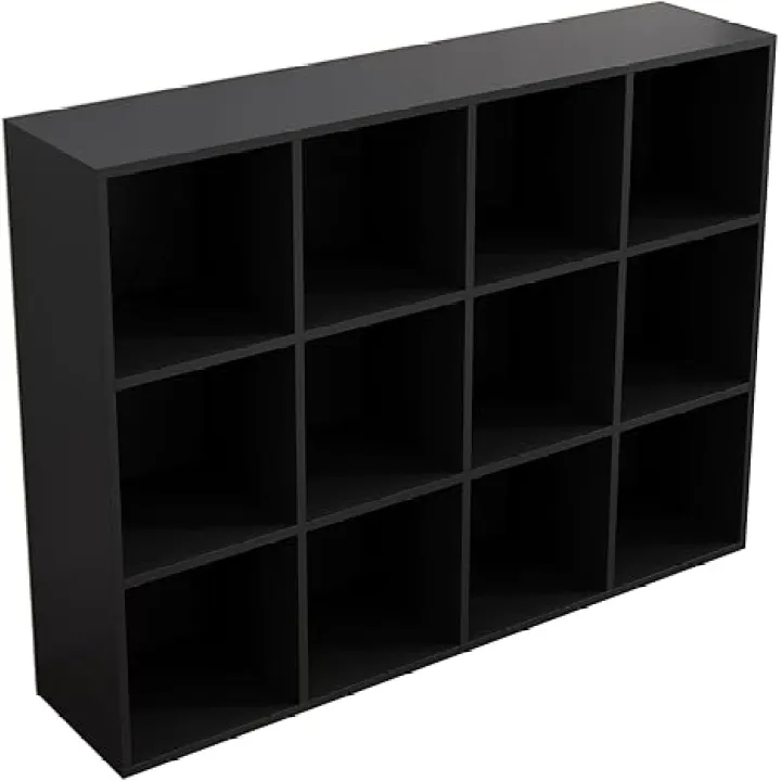 12-Cube Storage Shelf Bookcase - Wooden 3-Tier Floor Standing Open Bookshelf for Home and Office, Display Cabinet, Black